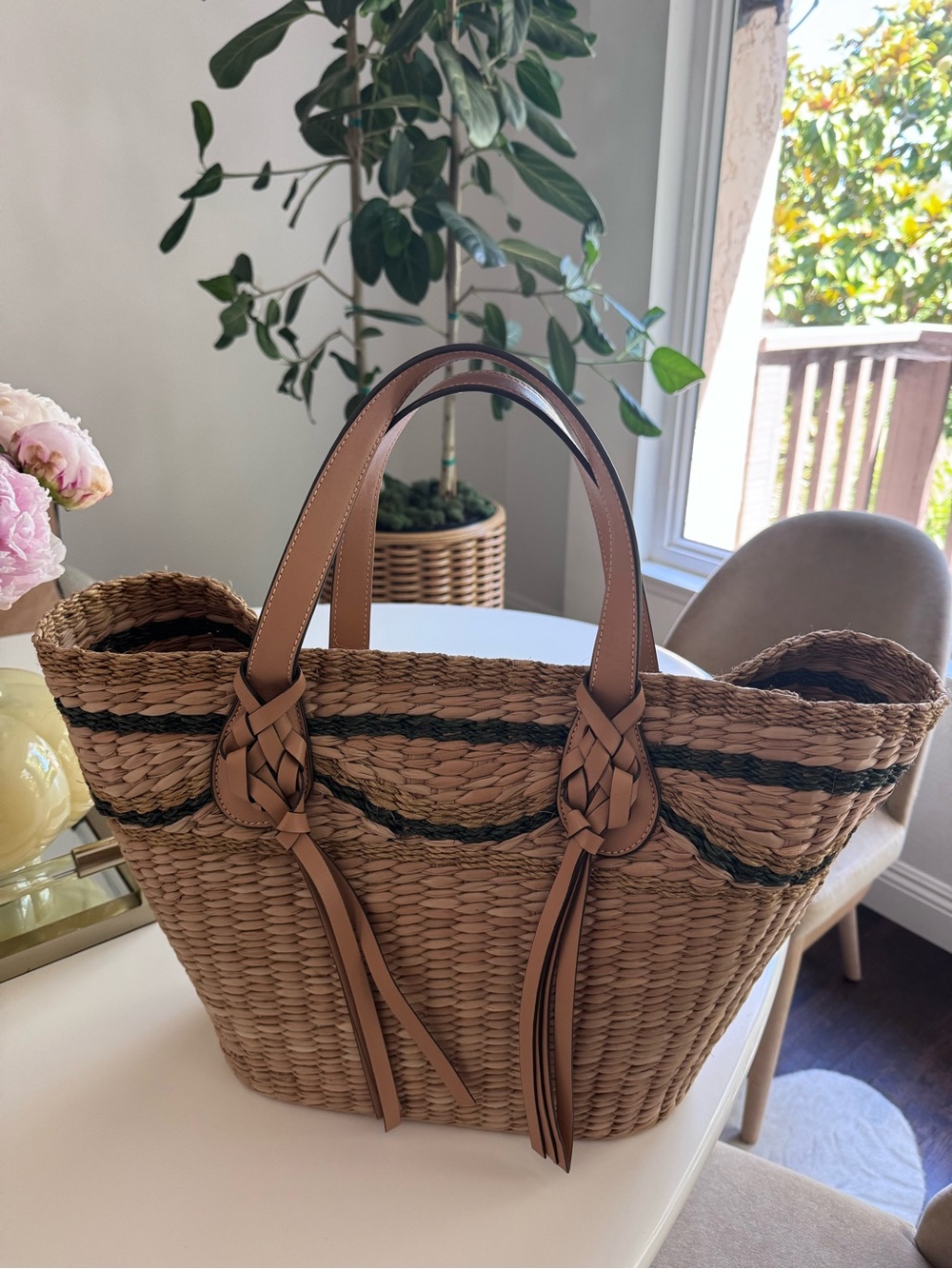Ulla Johnson Tan Woven Straw Tote with Black Accent